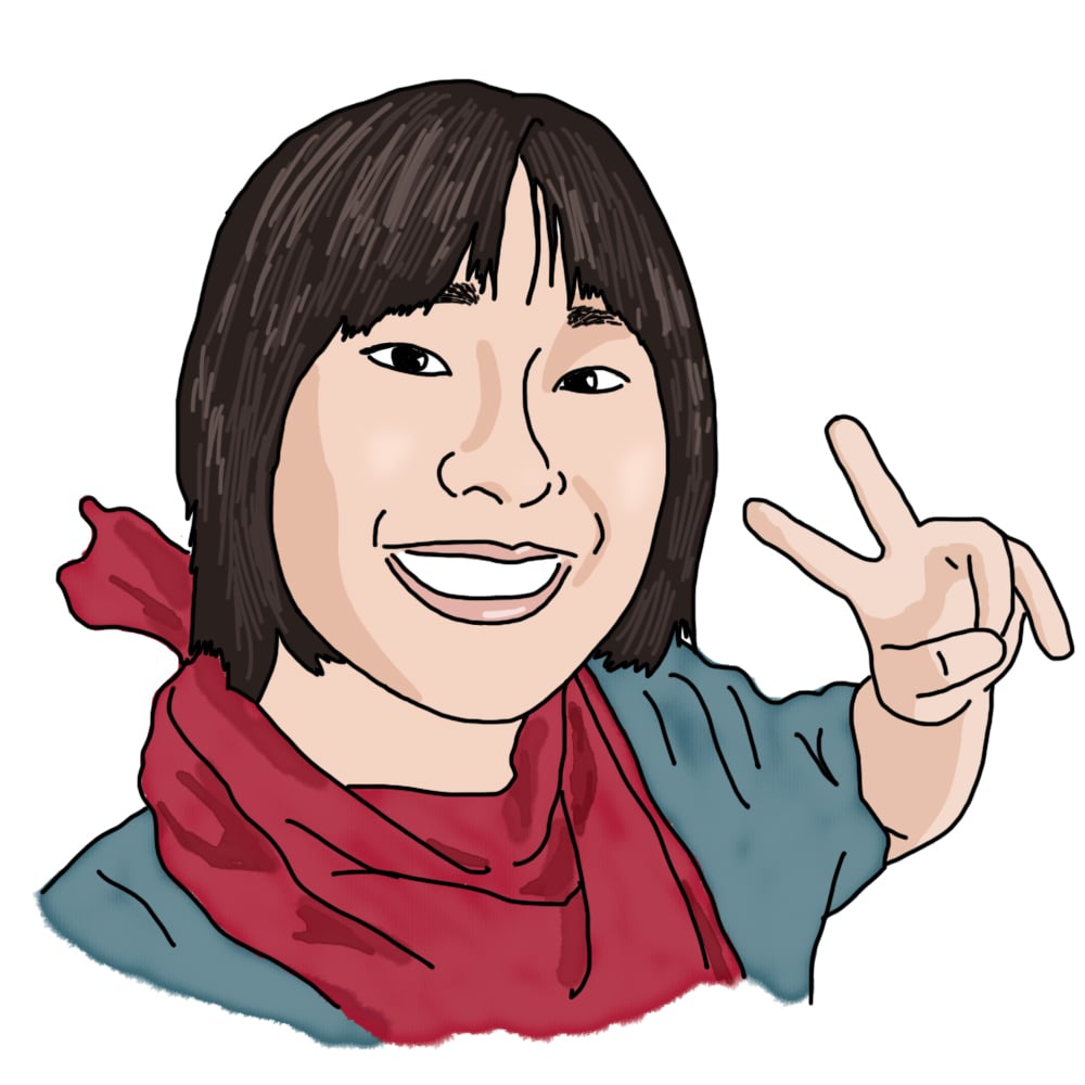 A head-and-shoulders illustration of Anika. They have light skin, medium-length brown hair with bangs, and are wearing a teal shirt with a red bandana, making a peace sign with their left hand.