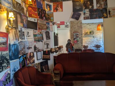wall covered in posters