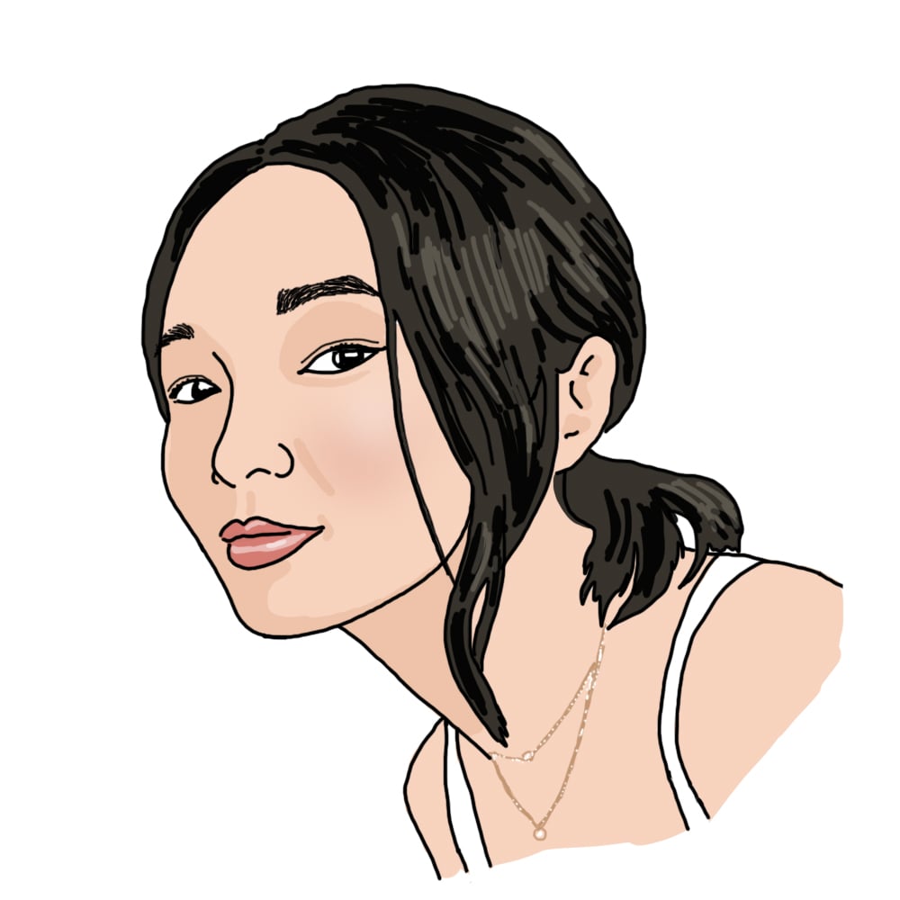 A head-and-shoulders illustration of Teresa. She has light skin, black hair pulled back into a ponytail with a strand falling out, and is wearing a white tank top and a necklace.