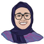 A head-and-shoulders illustration of Fatima. She has medium brown skin and is wearing a dark blue hijab with a bright purple and blue shirt. She has glasses and is smiling with her mouth open.