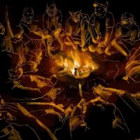 a drawing with light lines on a dark background of a group of friends sitting…