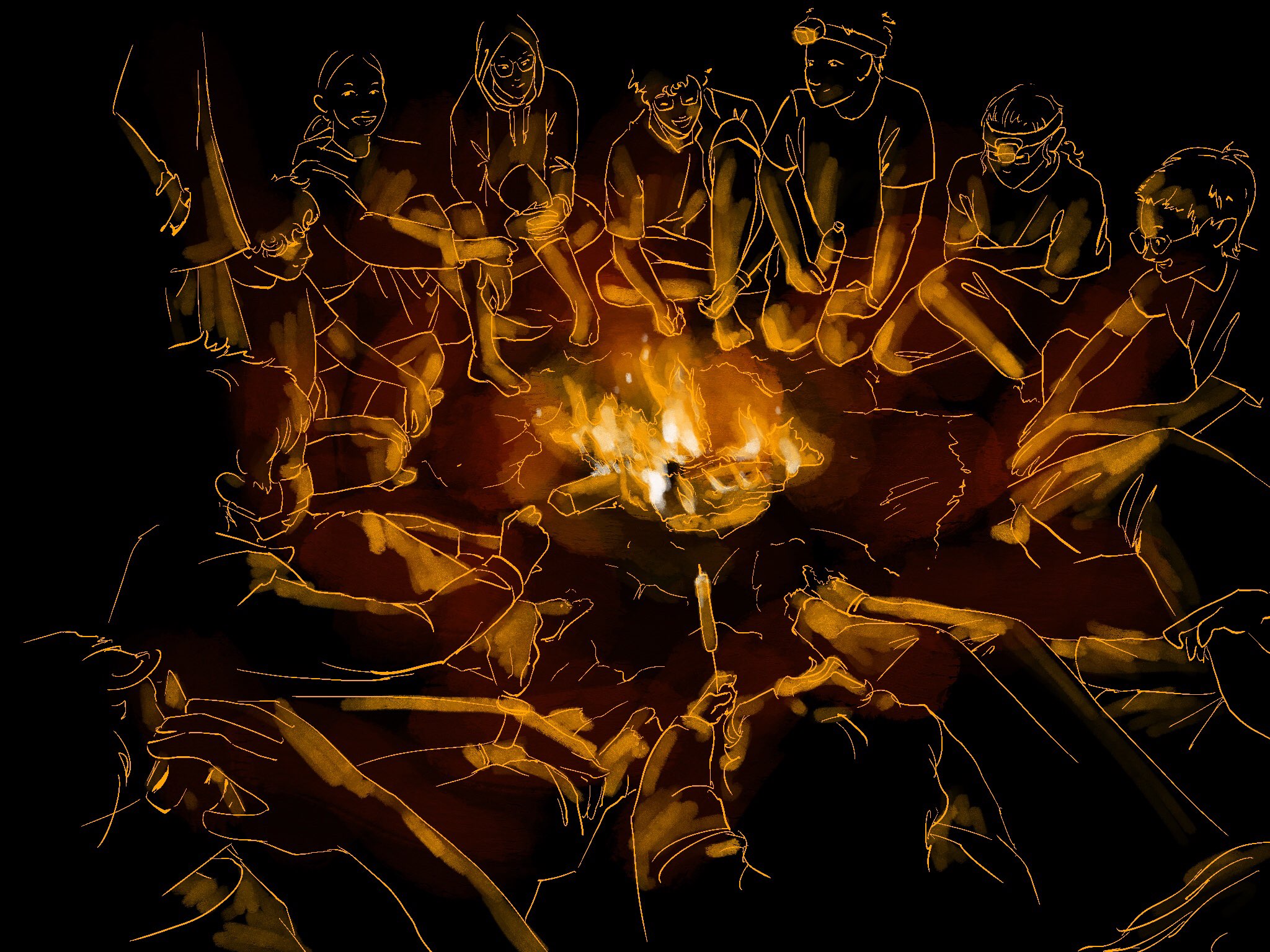 a drawing with light lines on a dark background of a group of friends sitting and chatting around a fire. One person in the foreground holds a sausage on a skewer to the fire.
