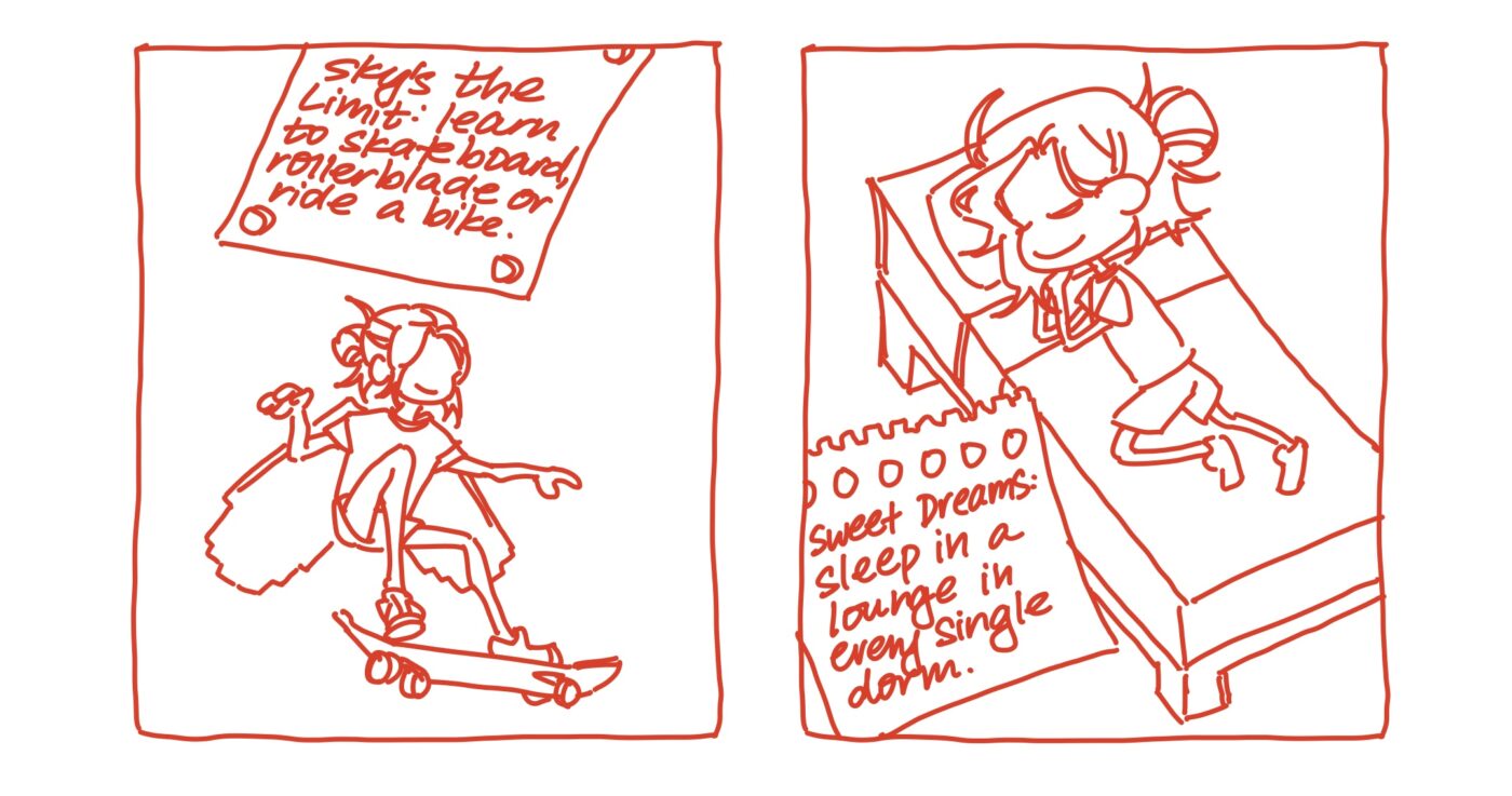 panel 1: me riding a skateboard wearing minecraft elytra with a note that says "sky's the limit: learn to skateboard, rollerblade or ride a bike."; panel 2: me asleep on a minecraft bed with a note that says "sweet dreams: sleep in a lounge in every single dorm."