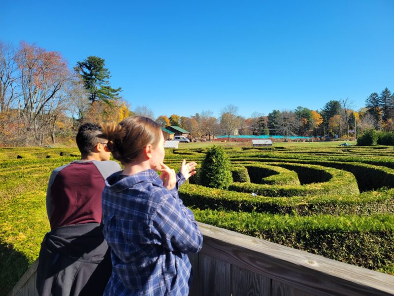 My roommate and I from the back. We are standing on a bridge overlooking a complicated maze of hedges.