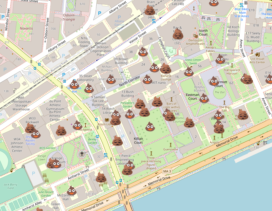 screenshot of my poop map; various happy and sad poops spread across a map of mit campus