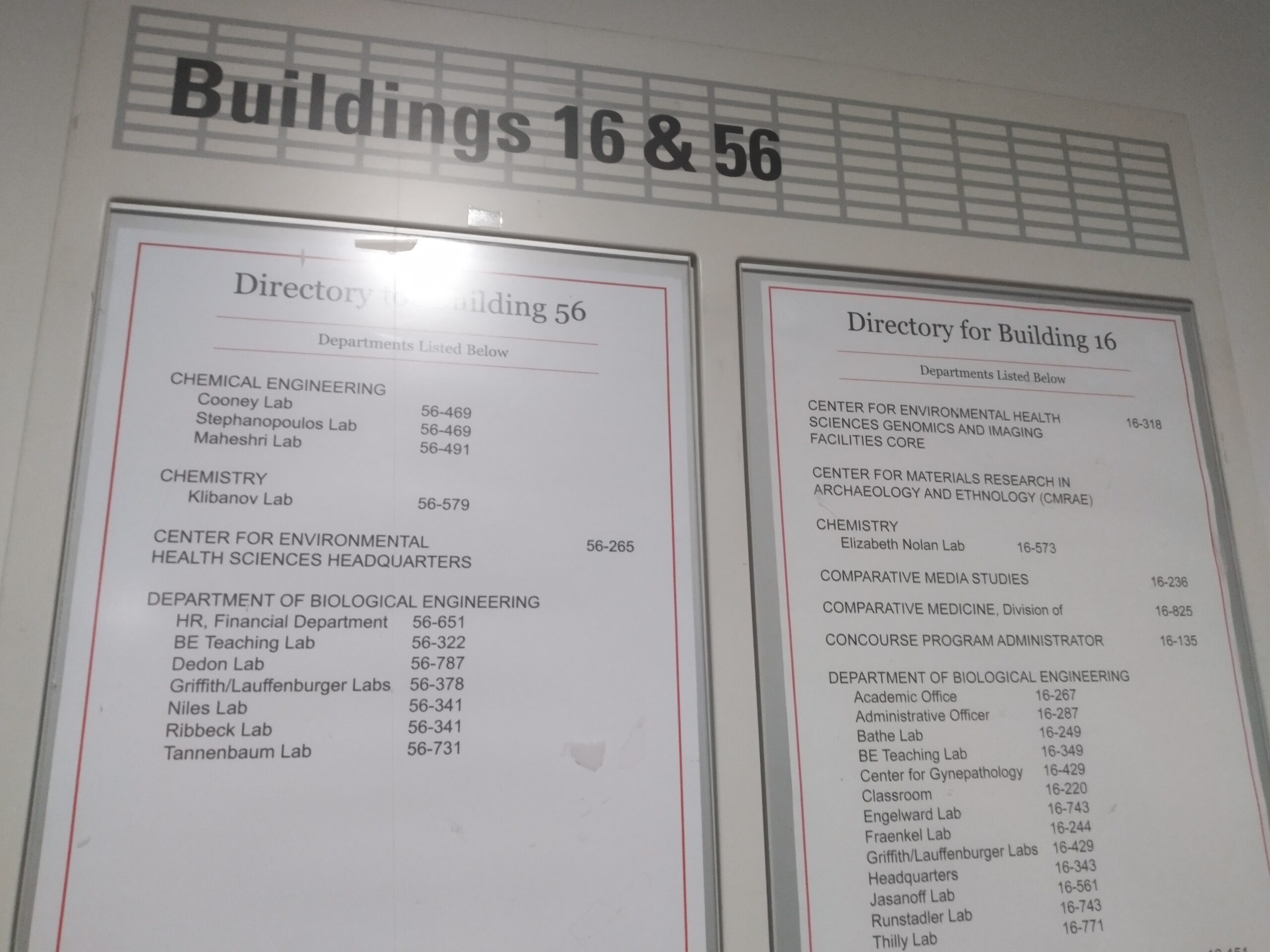 floor directory in building 16