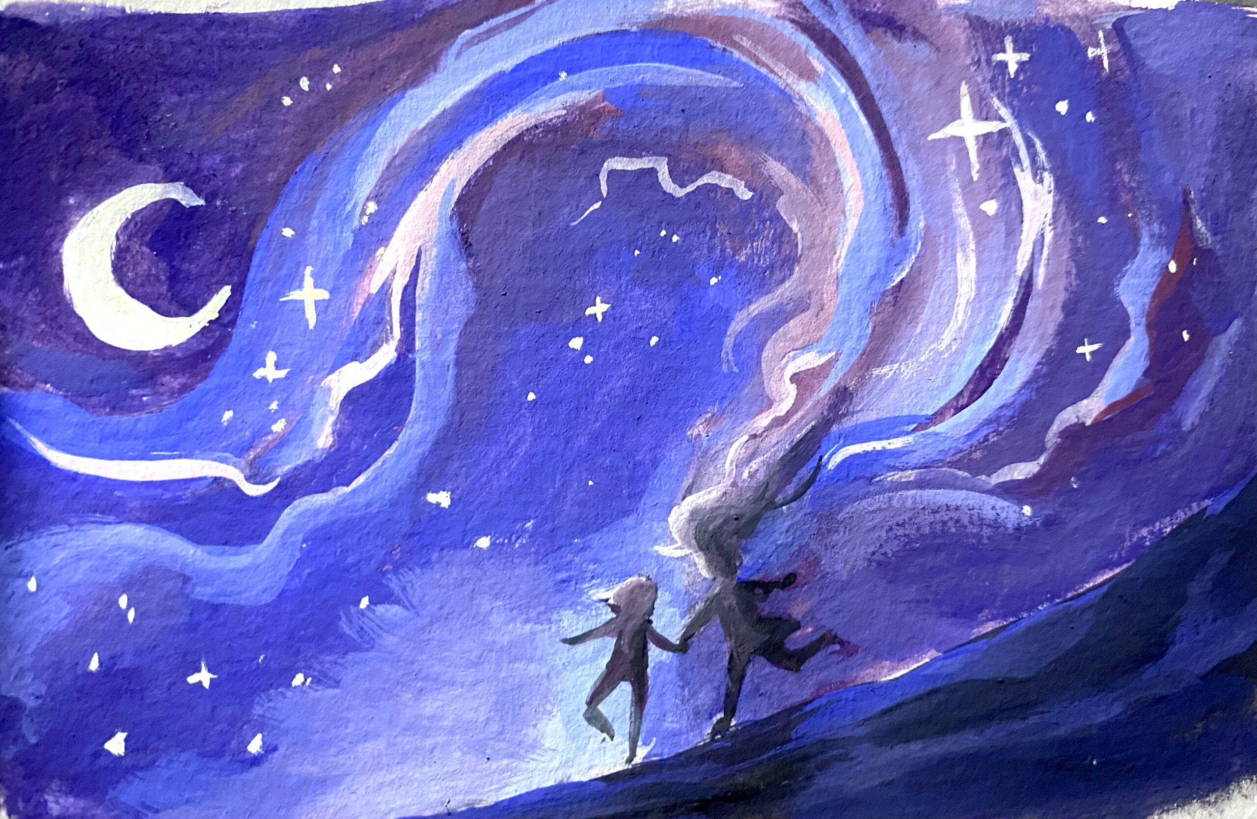 gouache painting of two girls holding hands in front of a purple galaxy