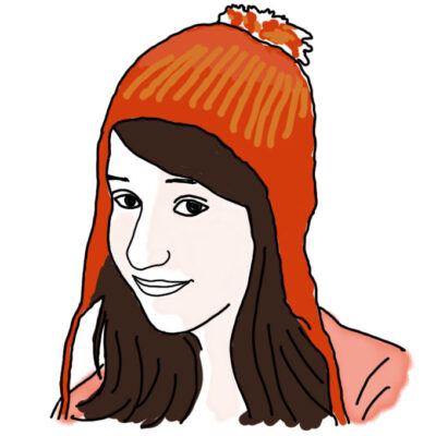 A line-drawing of Ceri's head and shoulders. She is wearing an orange winter hat with two long tassels and has shoulder-length brown hair. 