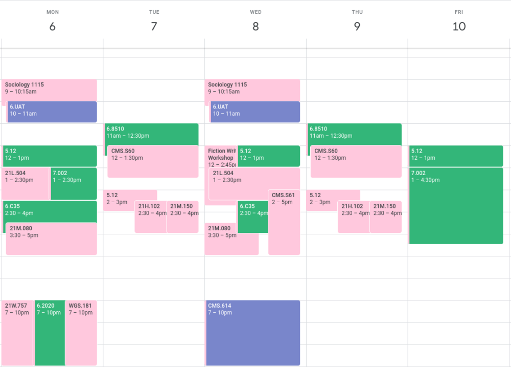 google calendar with all my classes on it