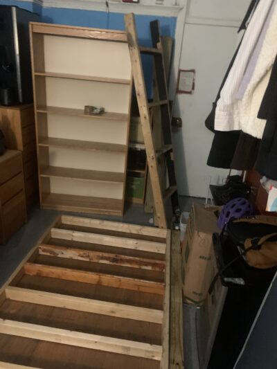 wooden shelf, ladder, and loft components
