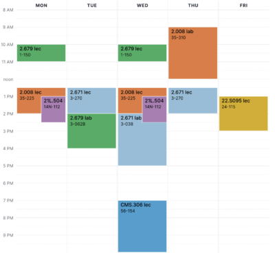 calendar screenshot of my schedule - classes listed below