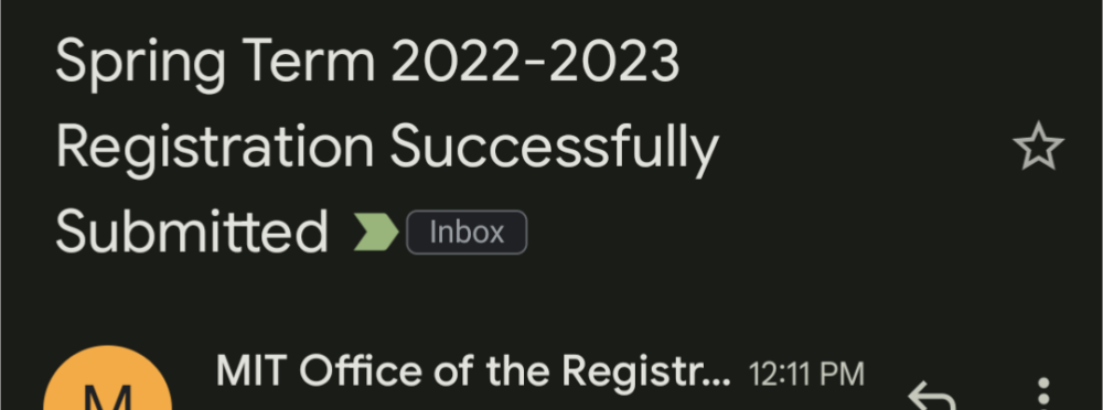screenshot with Spring Term 2022-2023 Registration Successfully Submitted