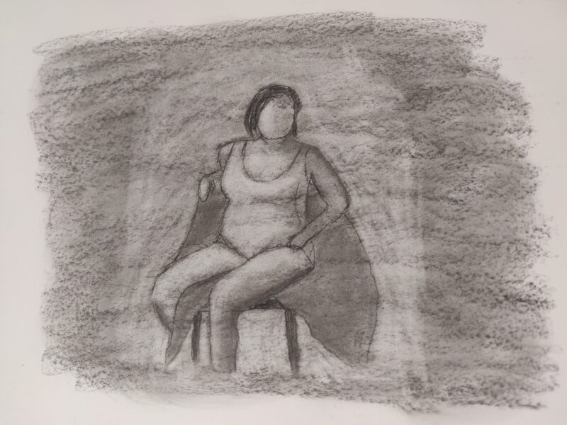 drawing of a sitting woman from front