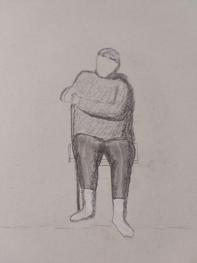 drawing of a sitting woman from front