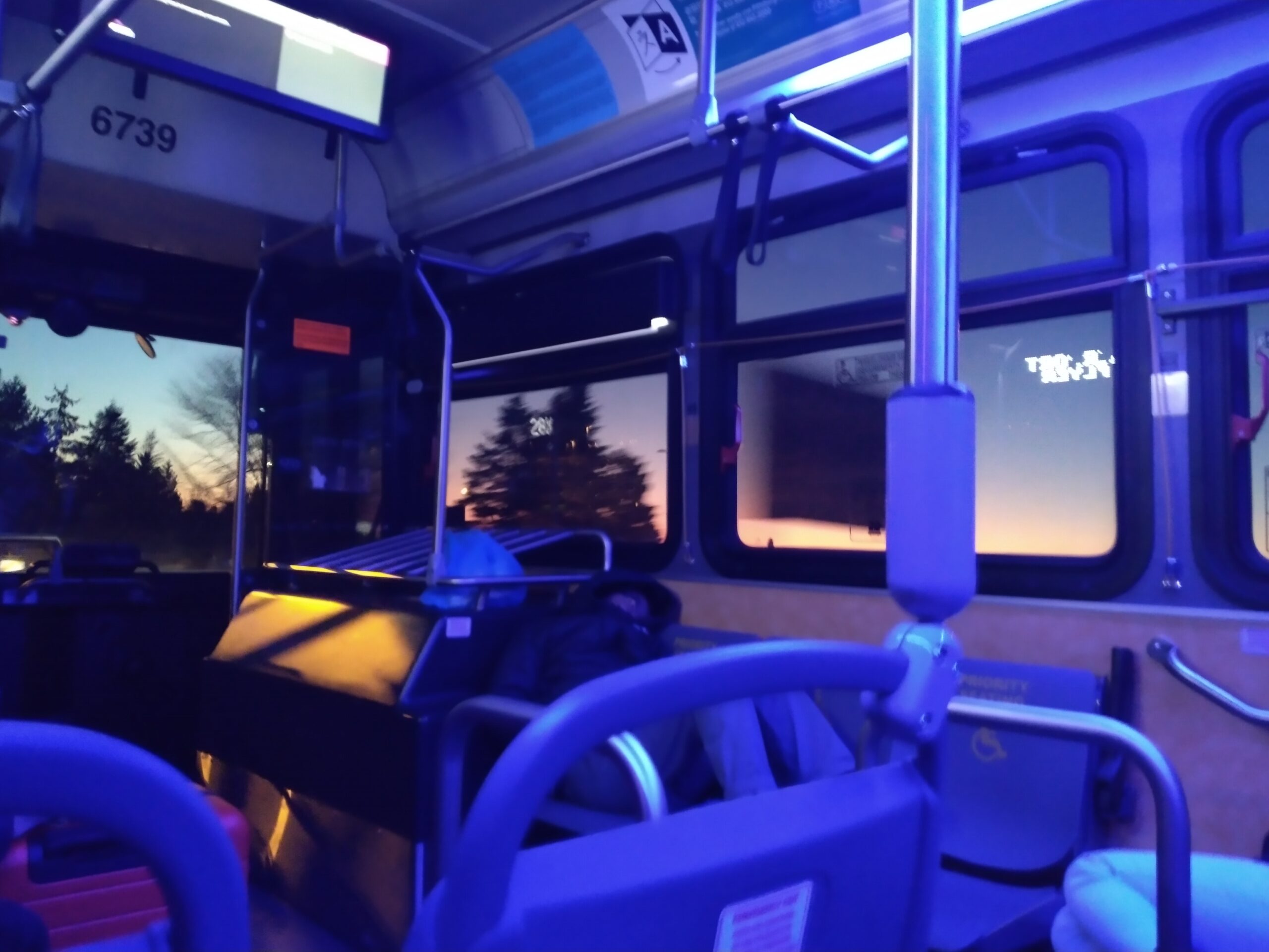 a bus, with the sunrise visible outside the window