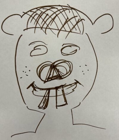A Tim beaver head drawn in brown ink, with pupil-less eyes and extra large teeth.