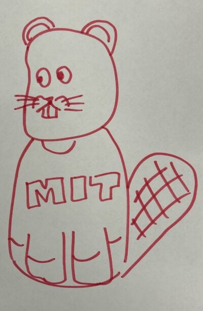 A drawing of Tim beaver in red marker, sitting on all fours and wearing an MIT shirt.