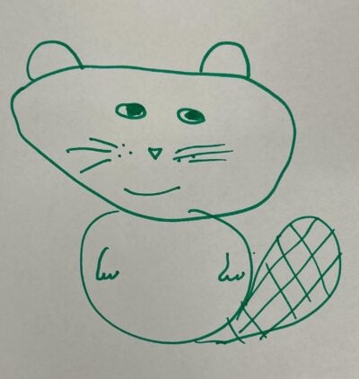 A drawing of Tim beaver in green marker, with a very big oval head and round body.