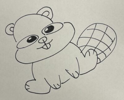 A drawing of Tim beaver in black marker, sitting upright and with very cute oval eyes and chubby cheeks.