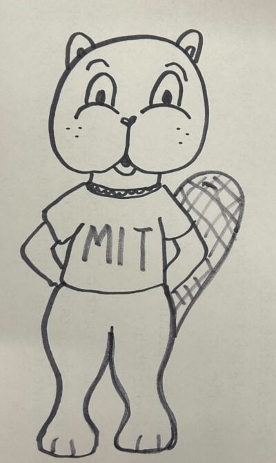 A drawing of Tim beaver in grey marker, standing like the mascot costume with MIT on his shirt.