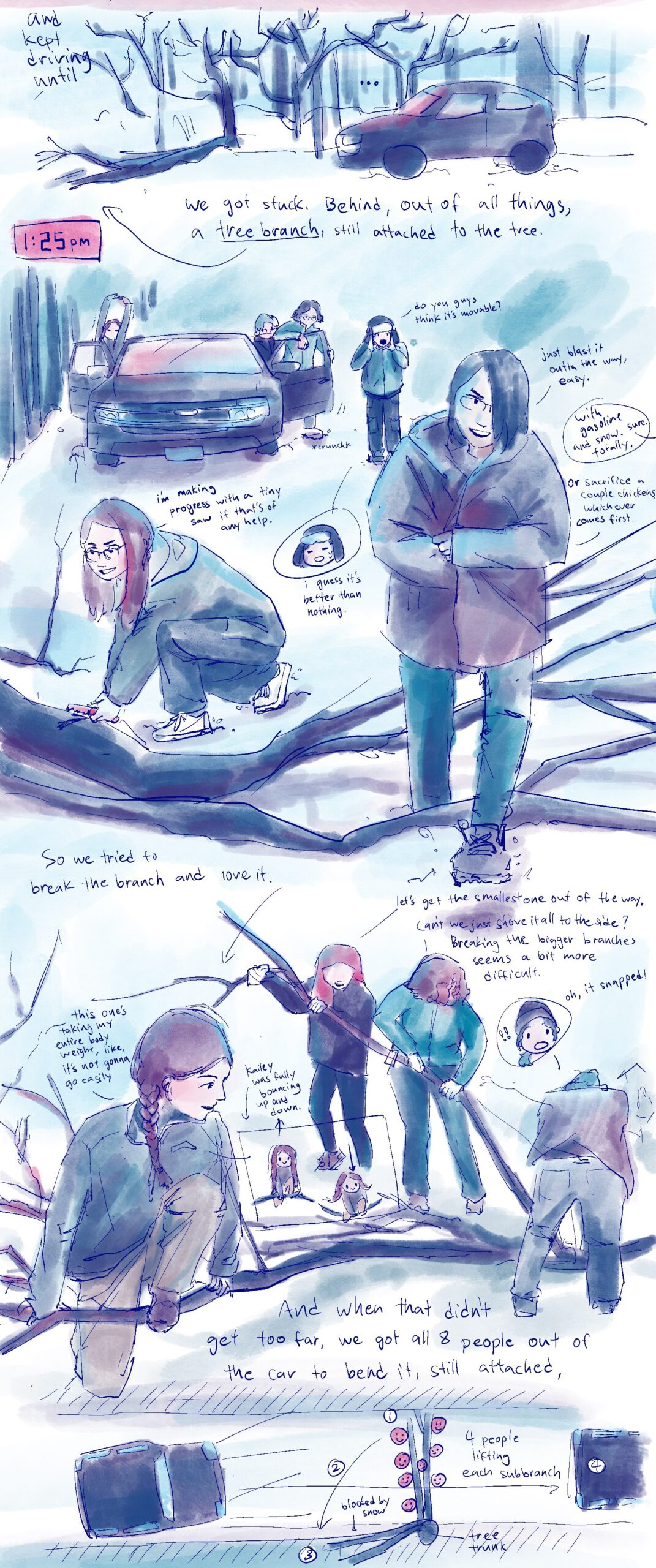 and then drive deeper into the snow covered mountains until we get stuck behind a tree branch. Michelle tries sawing it and Oliver offers to sacrifice a chicken, and the rest of the crew decide to try and rotate the branch off to the side, with it still attached to the tree.