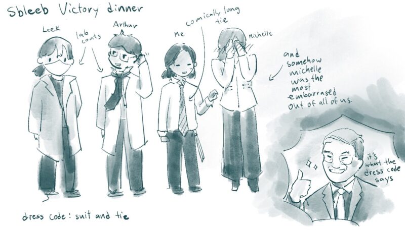 three clowns and a european walk into an event. sbleeb is fine with it because a lab coat is still technically a coat.