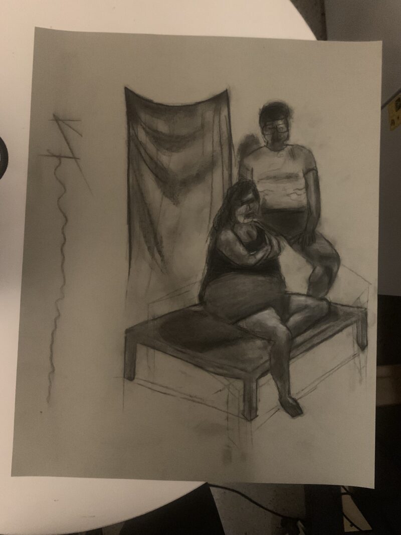 drawing of a woman and man posing