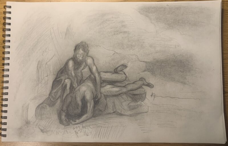drawing of a man caring for an injured friend