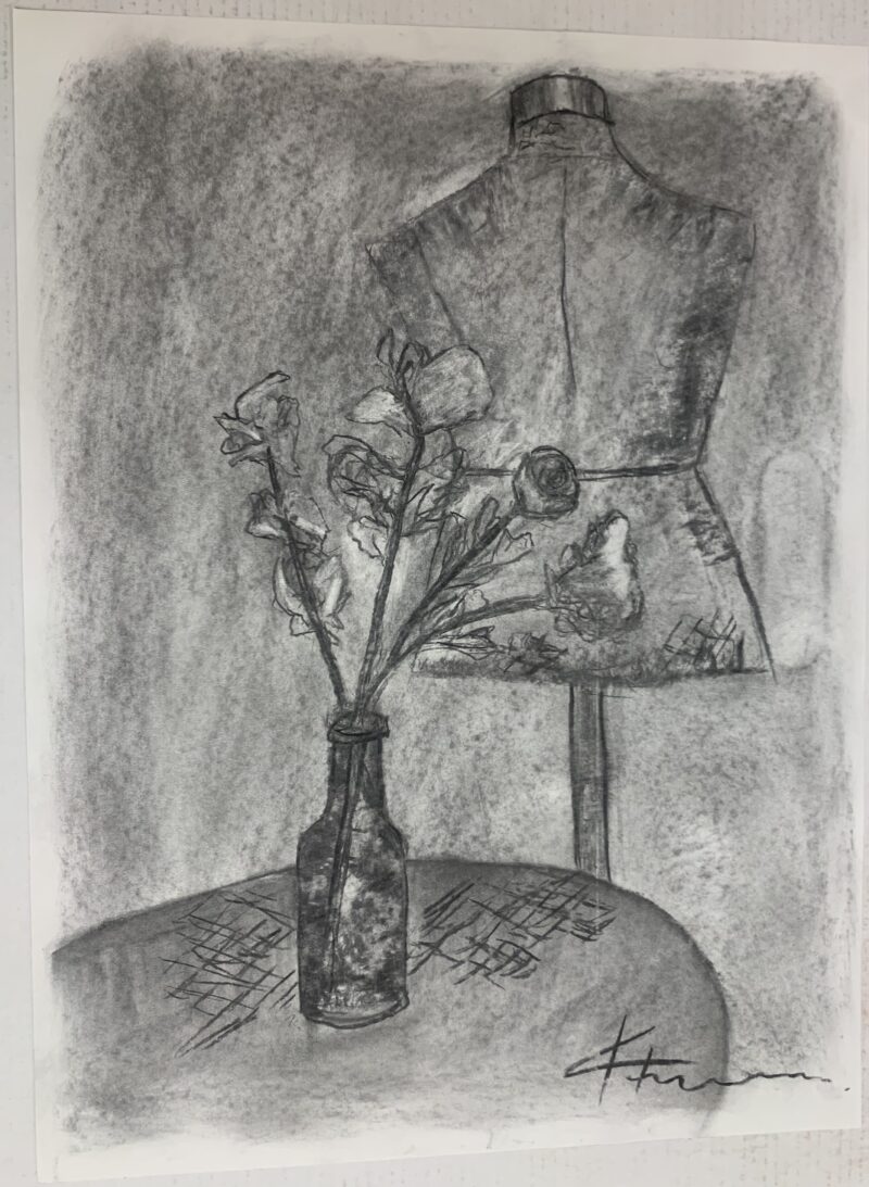 drawing of bottle of flowers and mannequin