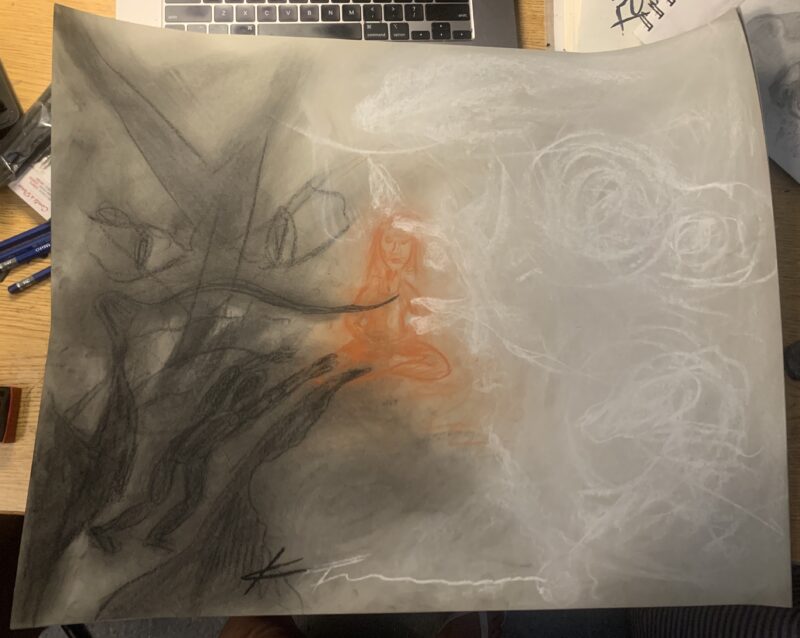 self portrait depicting light and dark swirls surrounding a girl