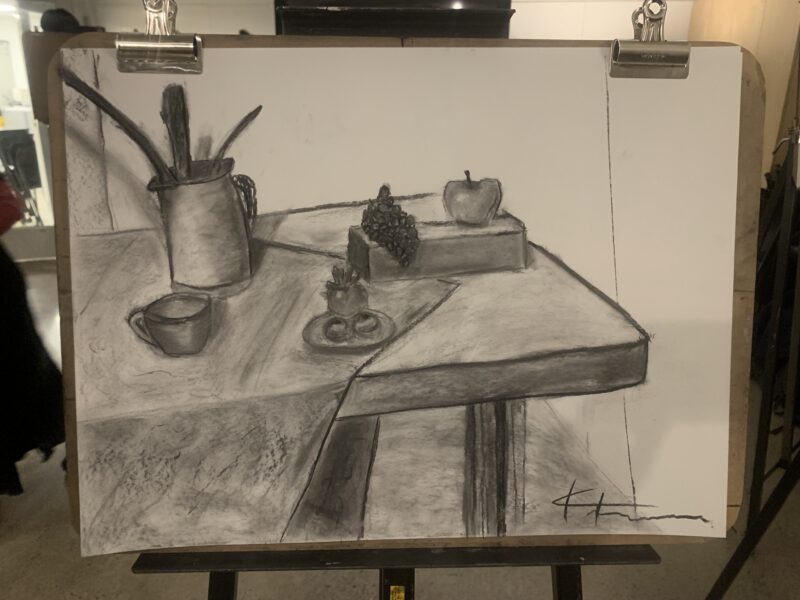 drawing of a table with fruit and containers placed on it