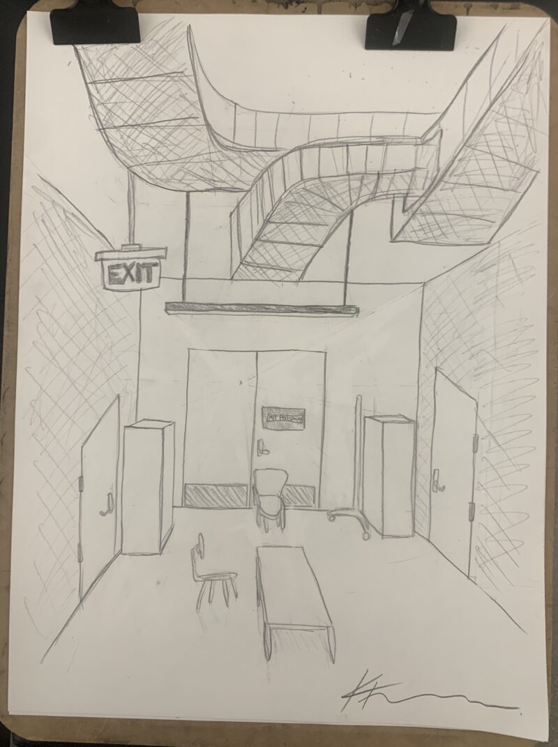 drawing of sitting area with chairs and tbales