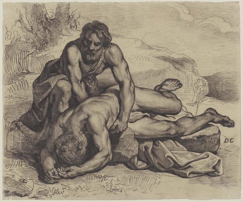 drawing of a man caring for an injured friend