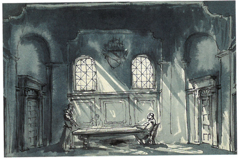 a dark room, center table, and people around it
