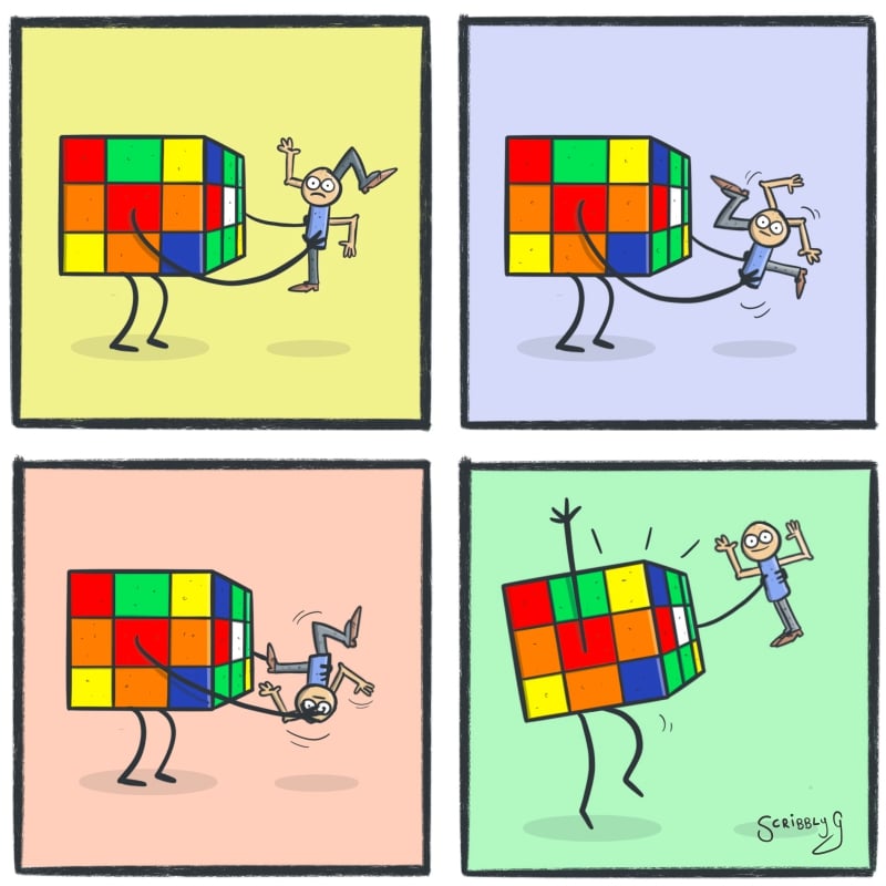 comic depicting a Rubik's cube "solving" a human by moving their limbs until the human is rightly configured