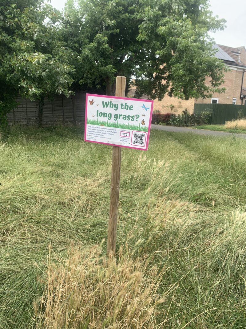 a sign in a patch of grass that reads