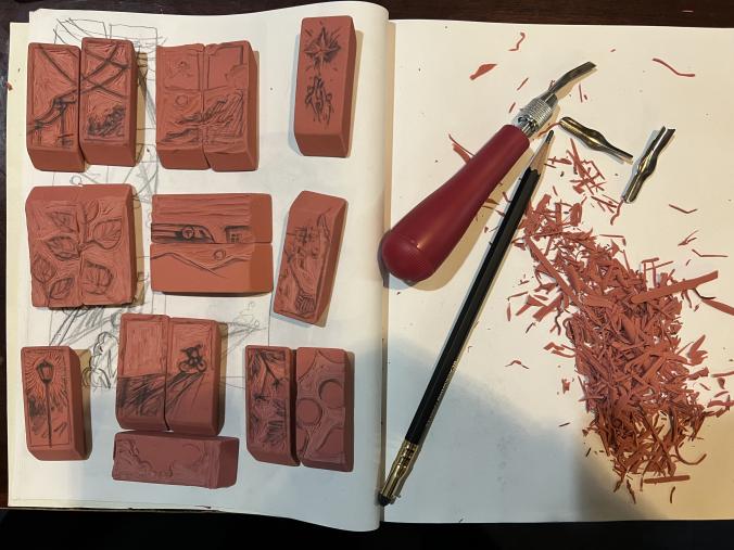 photo of carved erasers and eraser scraps