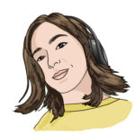 An illustration of Ali's profile. She has light skin, shoulder-length brown hair and is wearing chunky headphones and a yellow shirt.