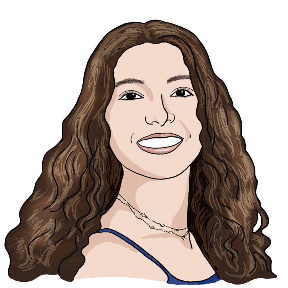 A head-and-shoulders illustrated portrait of Emiko. She has light skin, and long wavy brown hair. She is wearing a necklace and a dark tank top.