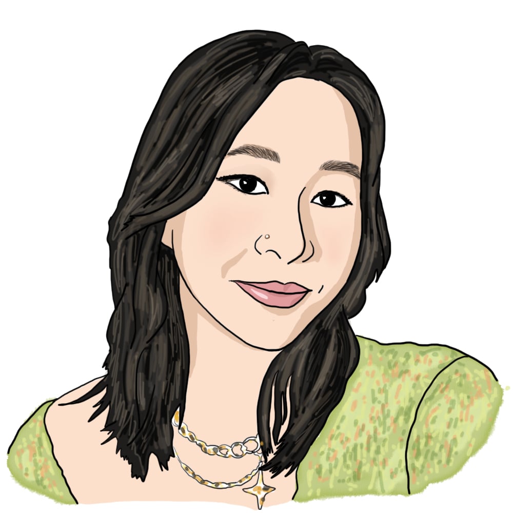 A head-and-shoulders illustration of Gloria. She has light skin, shoulder-length black hair and is wearing a light green shirt and several necklaces.