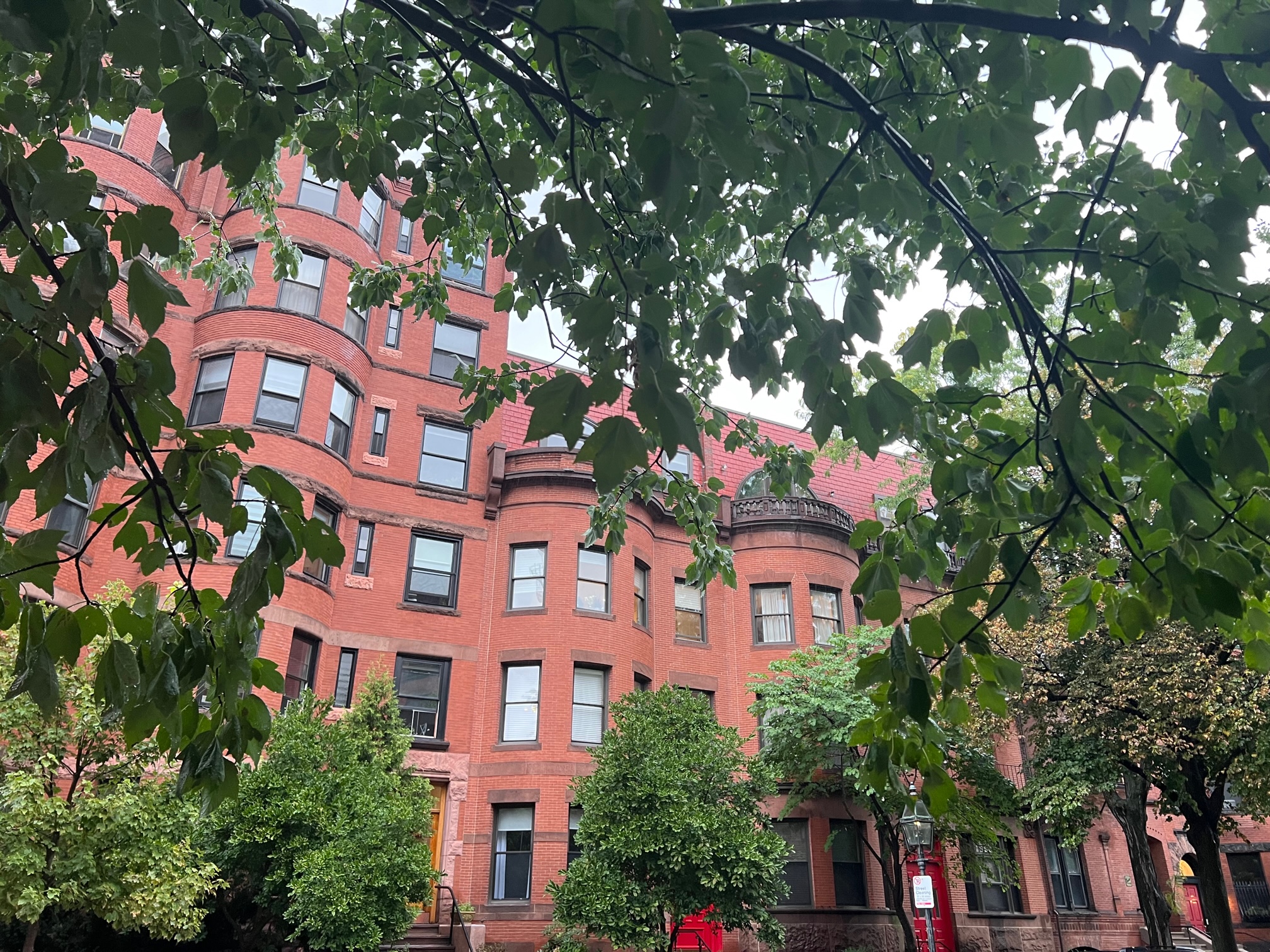 reddish brownstone buildings framed by trees