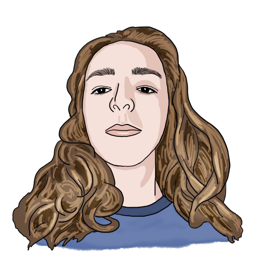 A head-and-shoulders illustration of Uzay. He has light skin, long brown hair, and is wearing a blue shirt.