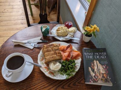 fancy breakfast with book