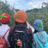 three people wearing strawberry, orange, and blueberry hats