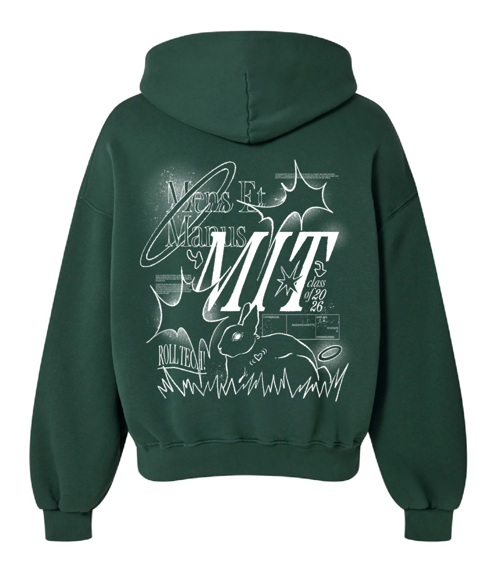 a mockup of a green hoodie with a white design on the back that says "MIT class of 2026" and features other decorative elements