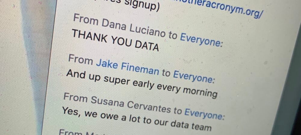 Video chat that reads "THANK YOU DATA...And up super early every morning...Yes, we owe a lot to our data team"