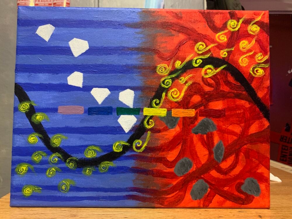 abstract painting about chemistry and carbon showing diamonds and coal