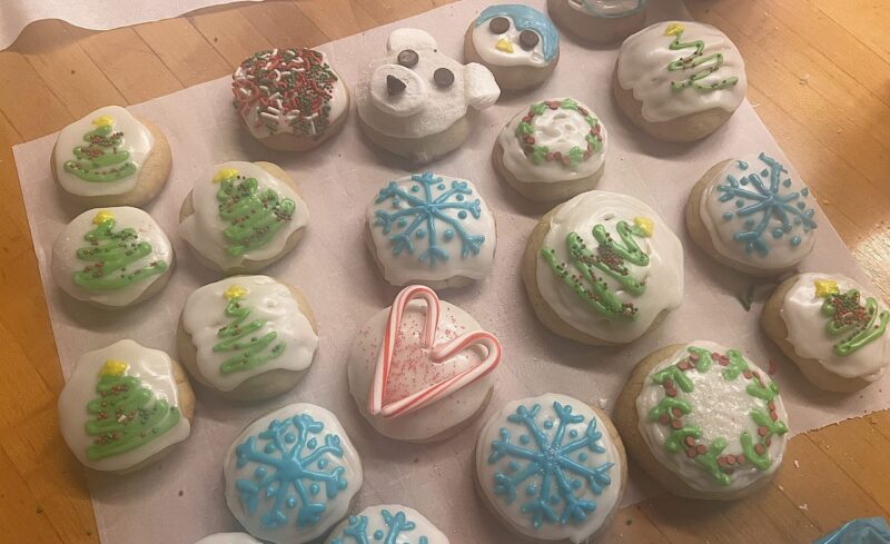 Several sugar cookies with different icing decorations. Icing decorations include candy canes, blue snowflakes, and green holiday trees.