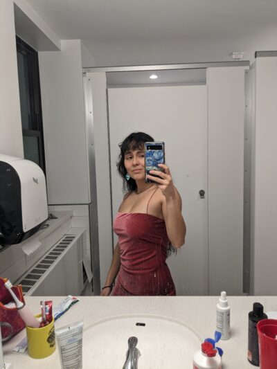 mirror selfie with a pink dress