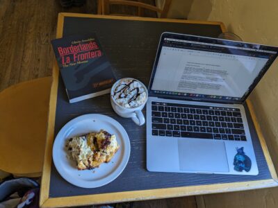 computer, scone, and coffee 